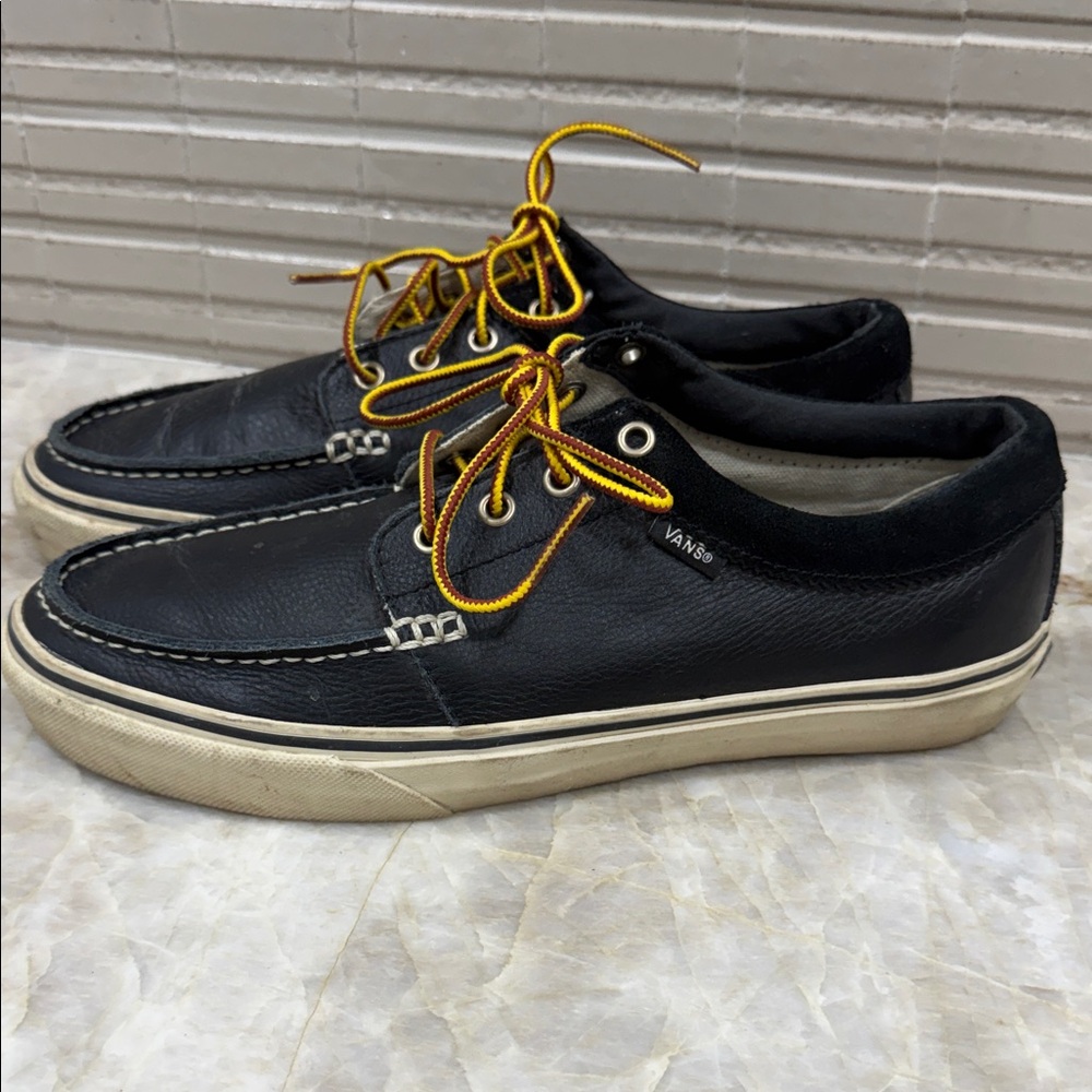 Vans Black Leather Boat Shoes with Yellow Accents